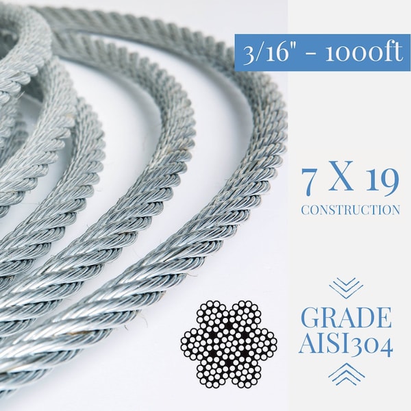 3/16 Stainless Steel Type 7x19 Aircraft Cable Wire Rope Grade 304- 500 Ft